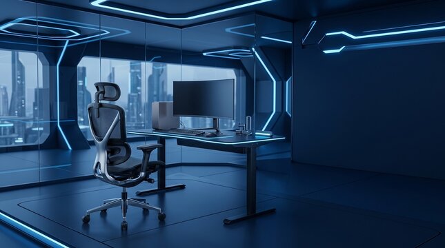 Futuristic office interior with ergonomic chair and computer setup overlooking a modern cityscape