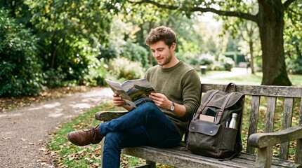 Obraz premium Young man reading a magazine on a park bench with a backpack next to him