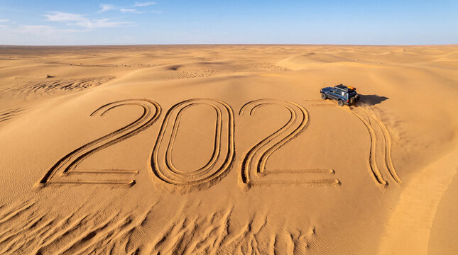 Off road vehicle creates 2027 numbers in sand dunes with tire tracks under a clear blue sky