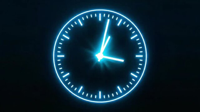 Neon cyan clock hands moving futuristic animation