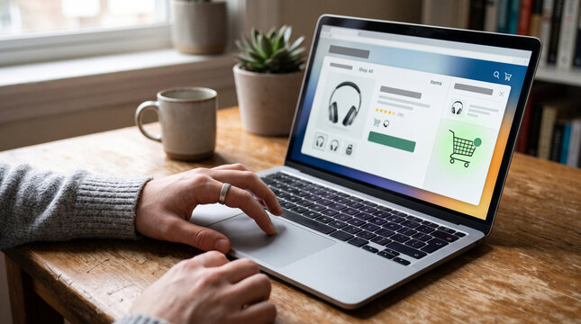Person browsing online store on laptop computer with headphones and shopping cart visible on screen