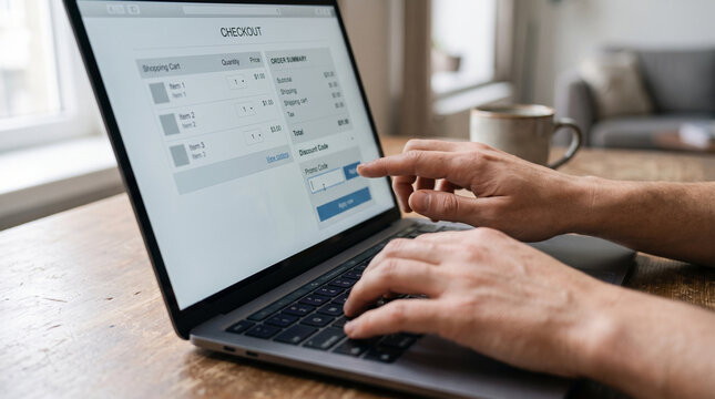 Person typing on laptop computer entering promo code on online checkout page for shopping cart order summary