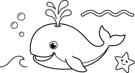 Obraz premium Cute Coloring Page Featuring a Happy Cartoon Whale Spouting Water with a Starfish and Ocean Waves for Kids Activity Books and Education