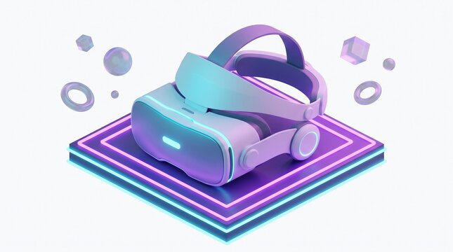 Futuristic VR headset on glowing neon platform, virtual reality goggles in isometric 3D style, gaming hardware concept