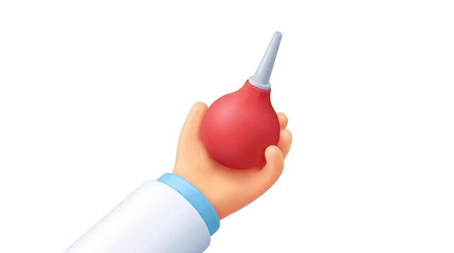 Cartoon doctor hand holds red rubber enema bulb syringe for medical procedure care.