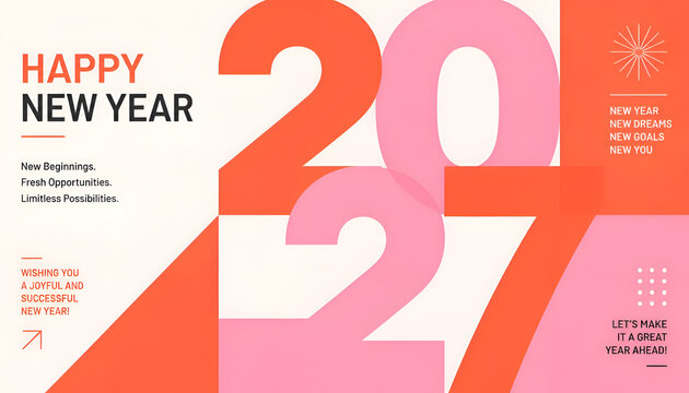 Happy new year 2024 greeting card design template with modern abstract geometric typography in pink and orange