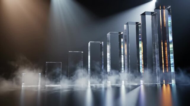 Transparent glass rectangular columns arranged in an ascending bar chart formation on a reflective dark surface with dramatic spotlighting, caustics, and prism light refraction.