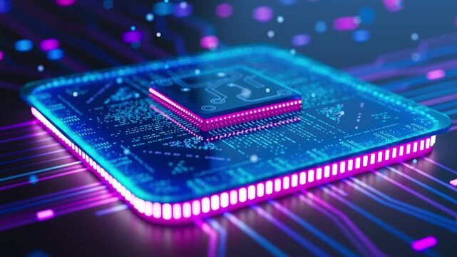 Neon semiconductor chip with futuristic circuit lines, illustrating modern electronics, cloud computing, big data, and smart technology.