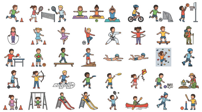 Collection of colorful vector illustrations depicting various outdoor recreational activities