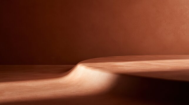 The image shows a terracotta surface with a gentle curved horizon line under warm light. There is ample copy space available for text.
