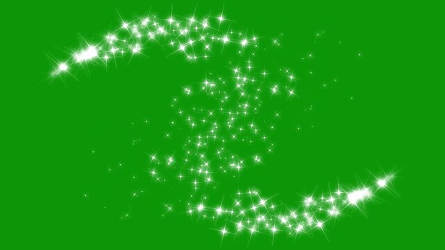 Glitter line stars, white glowing glitter particle trail with magic sparkles and twinkle doodle stars, soft glow effects and seamless loop overlay on transparent green background. 4k video