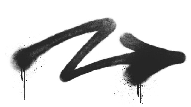 Black graffiti spray paint arrow with a bold zigzag path pointing right, rough brush texture and dripping marks, isolated on transparent background.