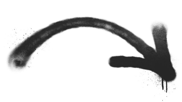 Black spray paint arrow with a curved upward stroke pointing right, featuring rough grunge texture and small drips, isolated on transparent background.