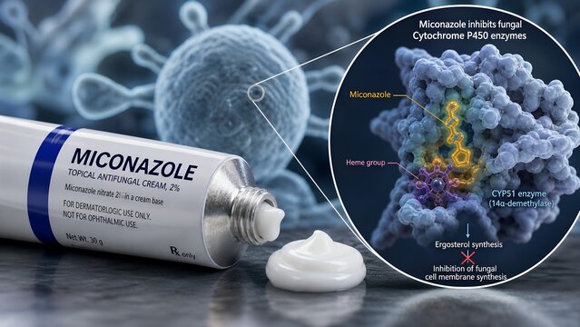 Medical miconazole cream packaging accompanied by an educational inset highlighting the drug blocking fungal cyp enzymes with a fungal cell visible behind it