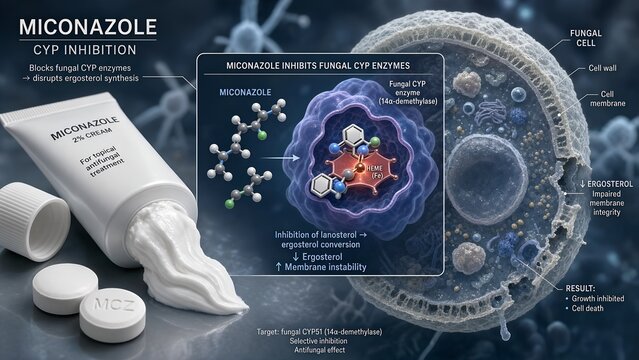 Miconazole antifungal cream tube with a scientific microscopic inset showing the medication inhibiting fungal cyp enzymes, set against a blurred fungal cell background