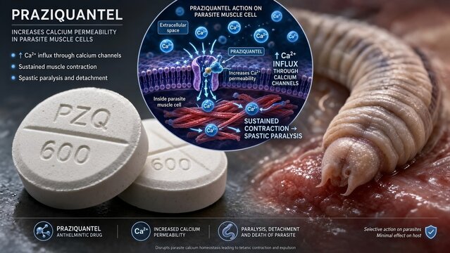 Anthelmintic praziquantel pills with a scientific inset illustration detailing how the drug induces spastic paralysis in a parasitic worm visible in the background