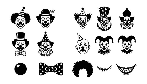 Clowns Set with Various Expressions, Hats, and Accessories