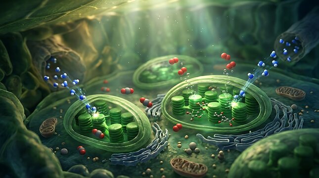 Detailed microscopic view of plant cell chloroplasts performing photosynthesis