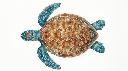Fototapeta premium Beautiful Watercolor Painting of a Green Sea Turtle Swimming, Top View Isolated on White