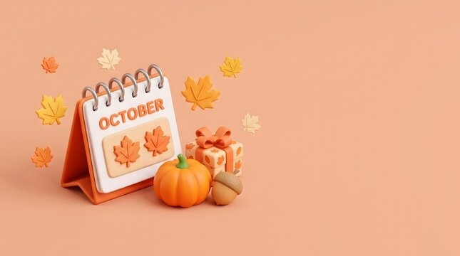 3D October Calendar Icon with Autumn Pumpkin Gift Box and Floating Leaves on Orange Background; Fall Season Event Planner Mockup with Copy Space for Thanksgiving Sale Banner.
