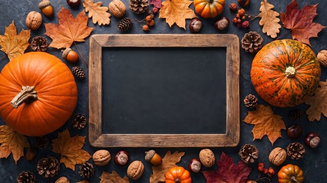 Empty Blackboard Mockup Surrounded by Autumn Pumpkins Leaves and Pinecones on Dark Slate Background for Thanksgiving Seasonal Message.