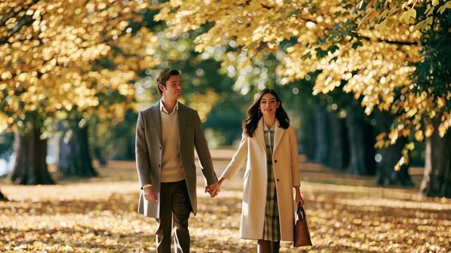 Couple Holding Hands And Walking Together In Autumn Park, Romantic Mood