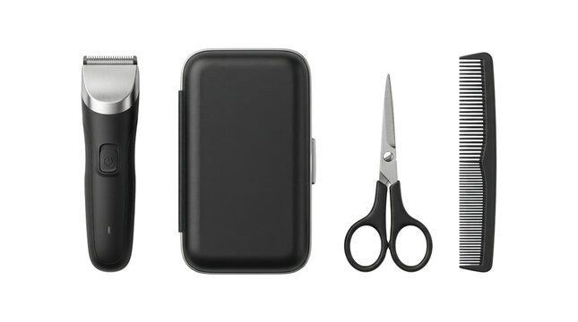 Professional hair clipper set with black travel case, barber scissors and comb, grooming kit for men on white background
