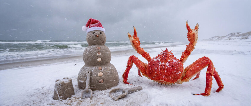 Giant Red King Crab Next to Sandman with Santa Hat on a Snowy Beach, Arctic Winter Christmas Concept, Realistic Wide Shot