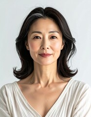 Fototapeta premium 白背景で微笑む40代アジア人女性のポートレート｜上品で自然な美しさ・スタジオ撮影