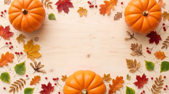 Autumn Flat Lay Border with Orange Pumpkins, Colorful Maple Leaves and Red Berries on Wood Background; Thanksgiving Sale Banner with Copy Space.