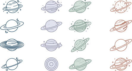 Minimalist Saturn Planet Line Art Vector Set with Ringed Celestial Space Icons and Star Doodles © MstThomina
