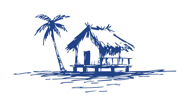 Hand drawn ink sketch of a tropical beach hut