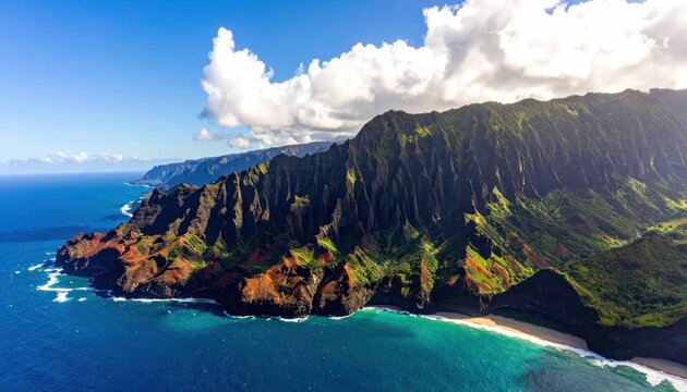 Breathtaking Aerial View of the Dramatic Napali Coast State Wilderness Park Cliffs on Kauai, Hawaii