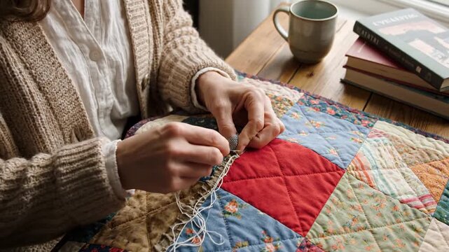 Woman hand sewing a colorful quilt pattern with a needle and thimble