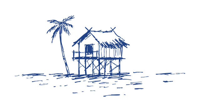Hand drawn sketch of a tropical beach hut and palm tree