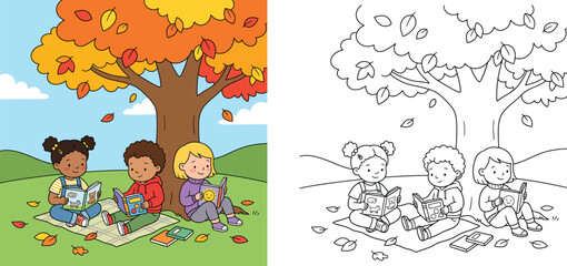 Fototapeta premium Children Reading Books under Autumn Tree with Coloring Page Outline, Kids Educational Vector Illustration
