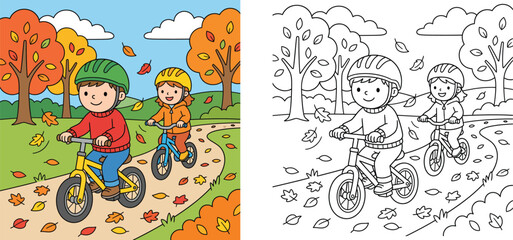 Naklejka premium Cute kids riding bicycles in autumn park vector illustration with coloring page, children cycling with helmets among falling leaves
