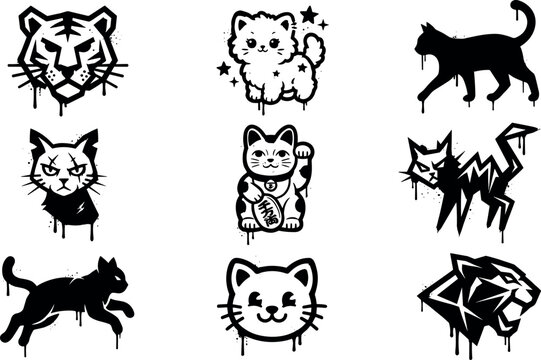 Urban Graffiti Feline and Wild Cat Street Art Icon Vector Set