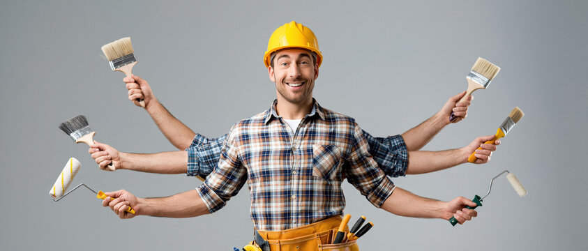 Cheerful multi-armed construction worker in yellow hard hat and plaid shirt smiles while holding paint rollers, brushes, levels, saws and measuring tapes in studio.