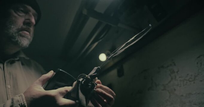 Soldier restores an antenna signal before communicating on a vintage radio set inside a dark wartime command bunker, creating a cinematic military scene.