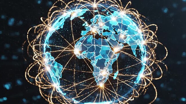 Digital Earth globe with glowing gold data connection lines for global communication.