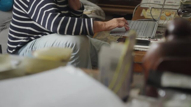 Elderly person confidently using a laptop at home, demonstrating digital competence and understanding of technology for everyday online activities.