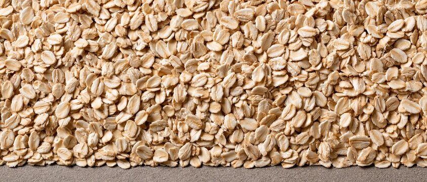 A top-down close-up horizontal shot of a full-frame texture composed entirely of raw, dry rolled oats, evenly spread across the frame with soft overhead lighting highlighting details.