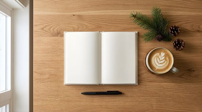 Open blank notebook with coffee and pine on wooden table for winter plan