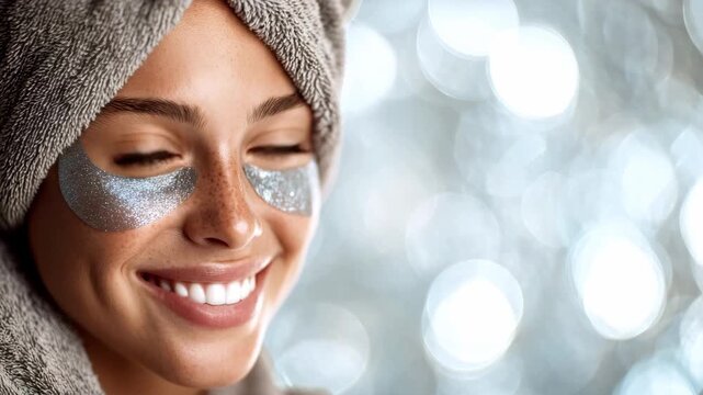 Smiling young woman with moisturizing patches under her eyes and a towel on her head. Spa treatment concept, skin care