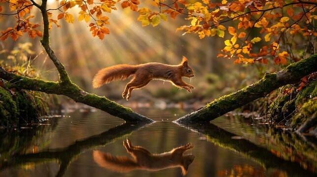 Red squirrel leaping over a forest stream with autumn leaves and golden sunlight