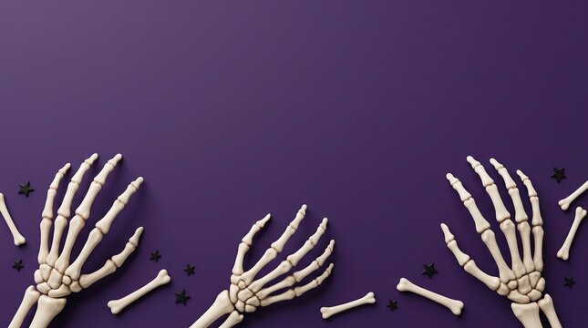 A spooky halloween scene featuring three skeletal hands and bones on a dark purple background