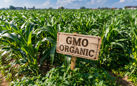The GMO Organic Sign in a Vast Green Cornfield Landscape