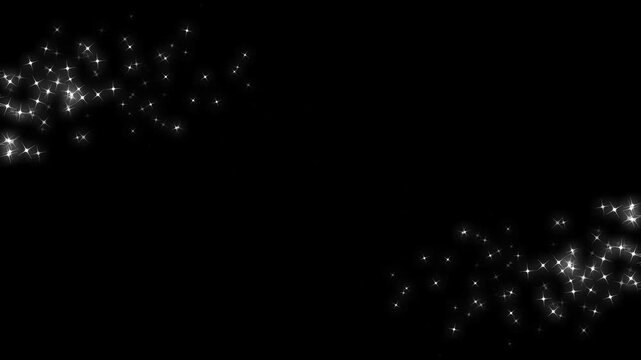 Doodle cartoon twinkling stars with glitter burst effect, glittering star dust trail sparkling particles, creating a dreamy shimmer particle motion design on a transparent chroma black screen. 4K
