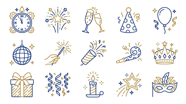New Year's Eve and Party Celebration Icons Set